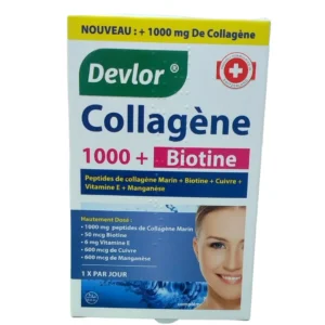 Le Devlor Collagène + Biotine est un complément alimentaire conçu pour soutenir la santé de la peau, des cheveux et des ongles.